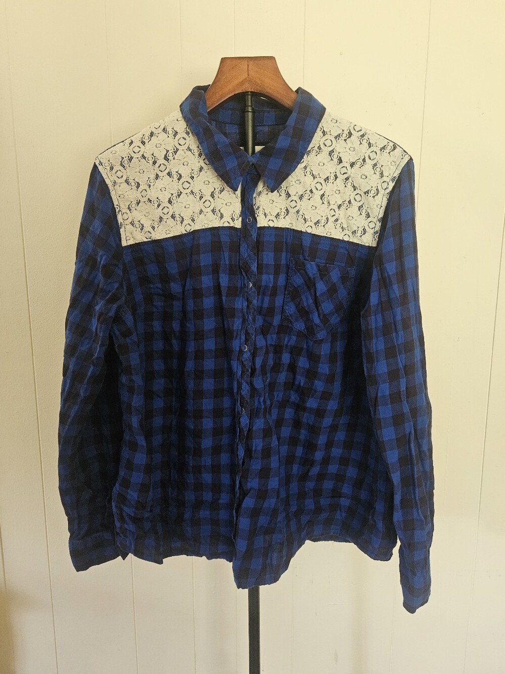 Arizona Blue Plaid Lace Yoke Button-Front Shirt Size XXL